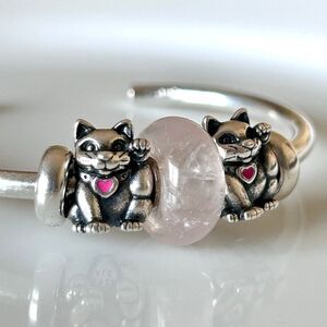 PANDORA Lucky Cat #1, ALE 925S Authentic Retired Cute Waving w Pink Enamel Heart